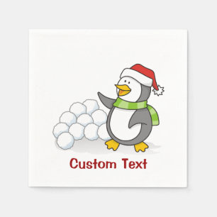 Christmas penguin with snow balls waving napkin