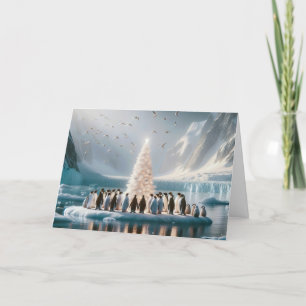 Christmas Penguins Around a White Tree Holiday Card