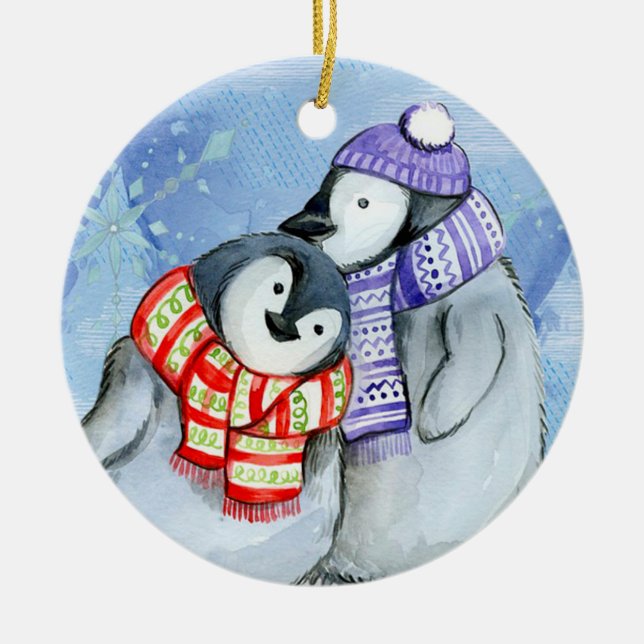Christmas Penguins Ceramic Tree Decoration (Front)