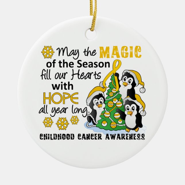 Christmas Penguins Childhood Cancer Ceramic Tree Decoration (Front)