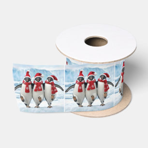 Christmas Penguins Dancing on Arctic Glacier Satin Ribbon