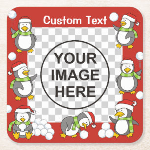 Christmas penguins frame square paper coaster