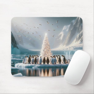Christmas Penguins Gathering Around a Tree Mouse Mat