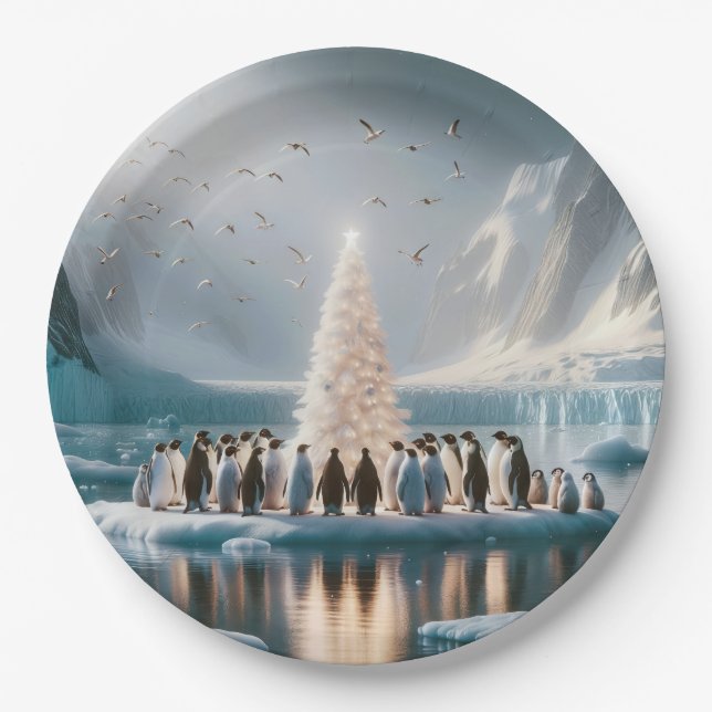 Christmas Penguins Gathering Around a Tree Paper Plate (Front)