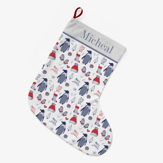 Christmas Penguins Hats Gloves Pattern Large Christmas Stocking (Front (Hanging))
