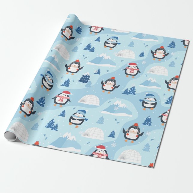 Christmas Penguins & Igloos Wrapping Paper (Unrolled)