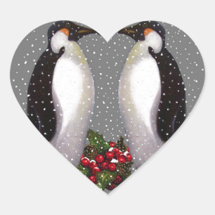 Christmas Penguins in Snow, Holly: Art Heart Sticker