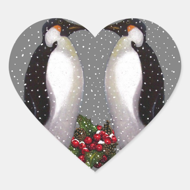 Christmas Penguins in Snow, Holly: Art Heart Sticker (Front)
