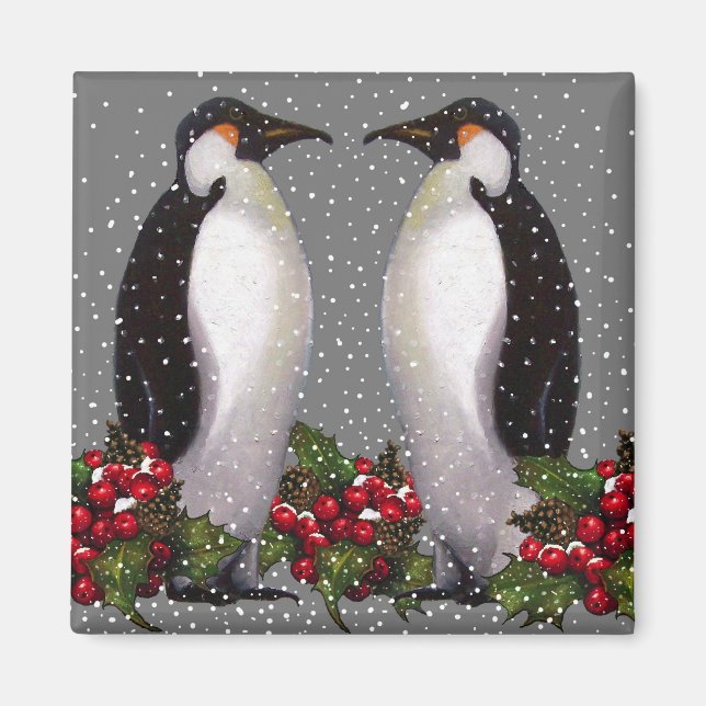Christmas Penguins in Snow, Holly: Art Magnet (Front)