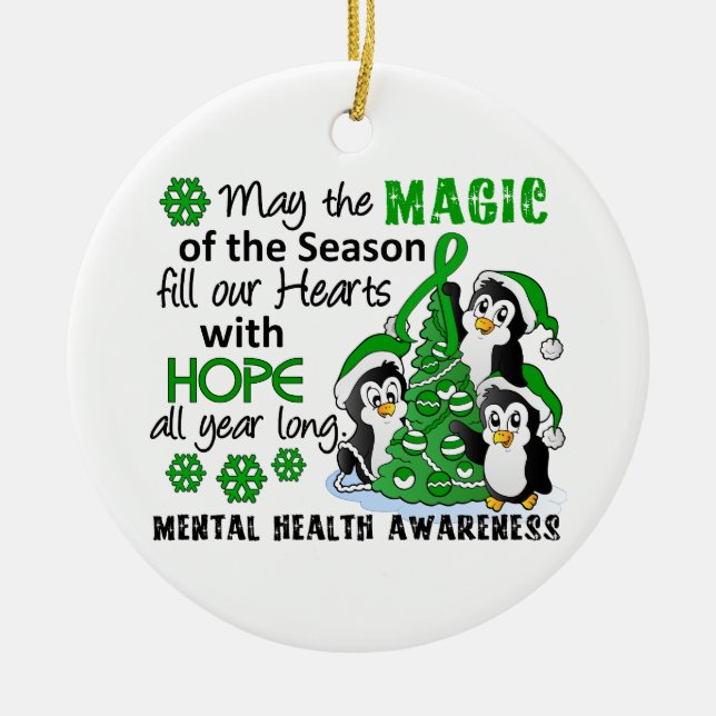 Christmas Penguins Mental Health Ceramic Tree Decoration (Front)