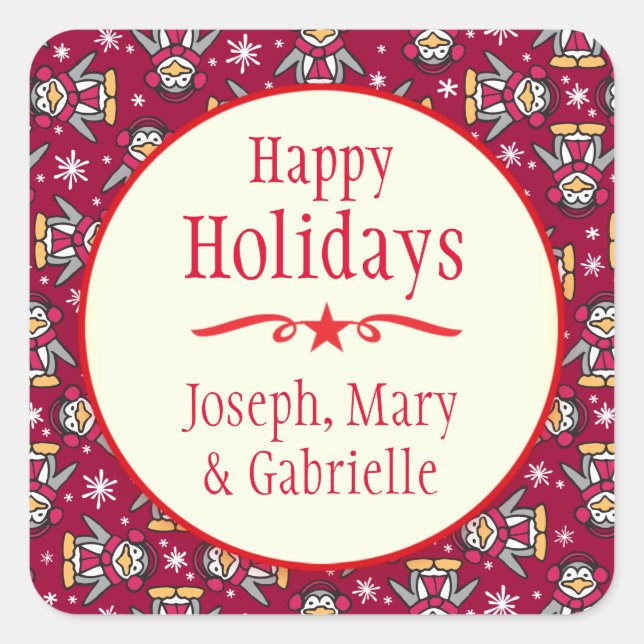 Christmas penguins name red holiday gift sticker (Front)