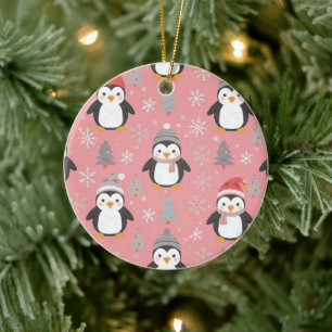 Christmas Penguins Pattern Pink Grey Ceramic Tree Decoration