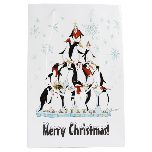 Christmas Penguins Pattern with Snow Flakes Medium Gift Bag (Front)