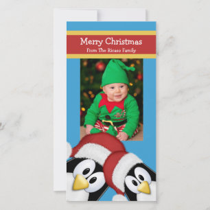 Christmas Penguins Personalised Blue And Red Holiday Card