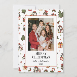 Christmas Penguins Red Green Family Photo Holiday Card