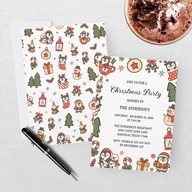 Christmas Penguins Red Green Invitation (Creator Uploaded)