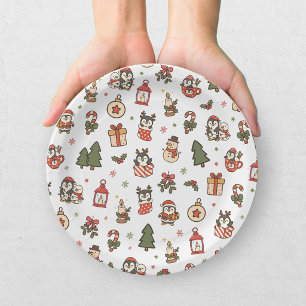 Christmas Penguins Red Green Paper Plate