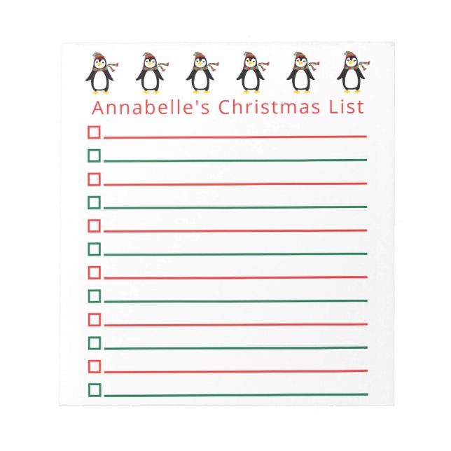 Christmas Penguins Shopping List Personalize Notepad (Front)