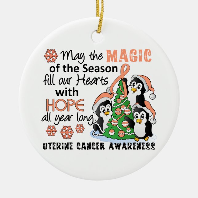 Christmas Penguins Uterine Cancer Ceramic Tree Decoration (Front)