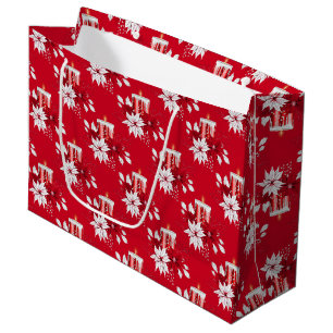 Christmas Peppermint Candle Poinsettia Pattern Large Gift Bag
