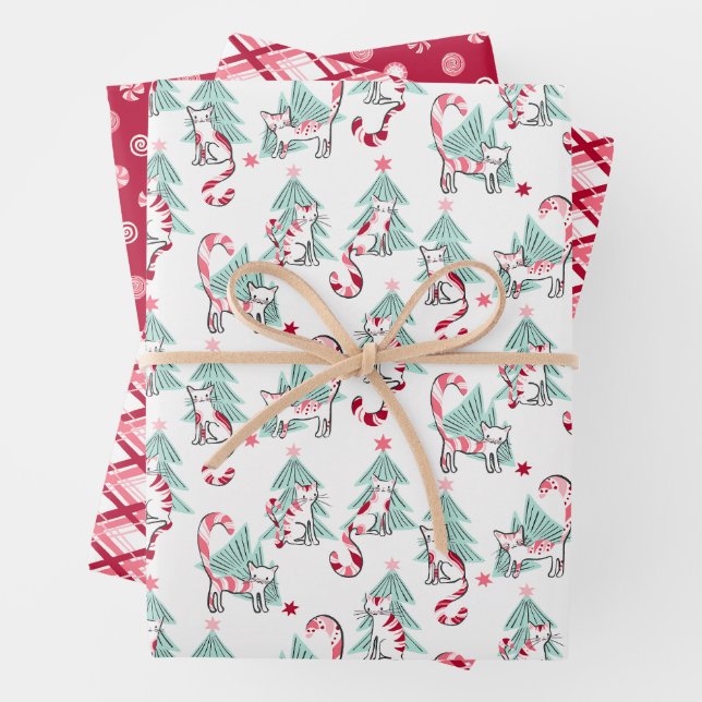 Christmas Peppermint Candy Cats Set of Three Wrapping Paper Sheet (In situ)
