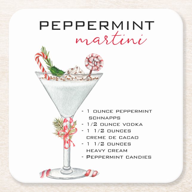 Christmas Peppermint Martini Cocktail Recipe   Square Paper Coaster (Front)