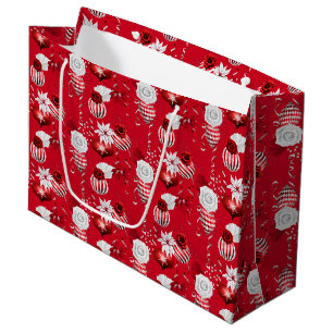 Christmas Peppermint Ornament Floral Ribbon Large Gift Bag