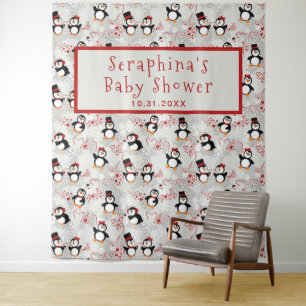 Christmas Peppermint Penguins Baby Shower Backdrop Tapestry