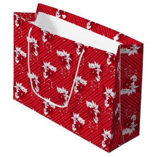 Christmas Peppermint Poinsettia Stripe Pattern Large Gift Bag