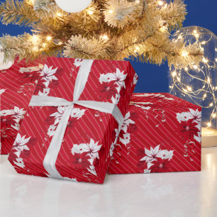 Christmas Peppermint Poinsettia Stripe Pattern Wrapping Paper