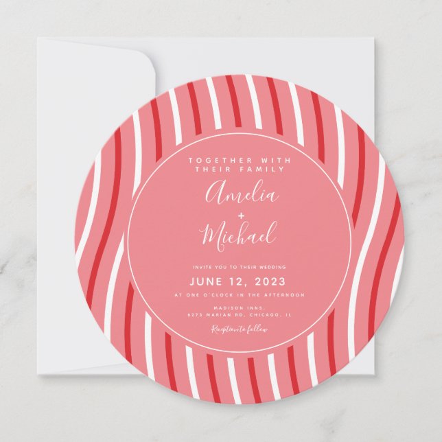 Christmas Peppermint Stripes Pink Red Wedding Invitation (Front)