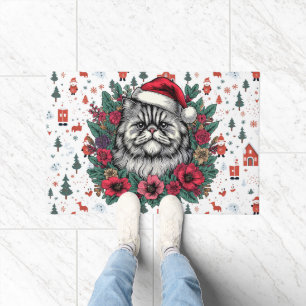 Christmas Persian Cat, Floral Santa Persian Kitty Doormat