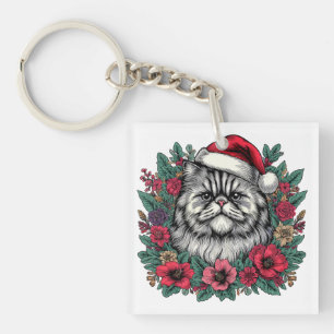 Christmas Persian Cat, Floral Santa Persian Kitty Key Ring