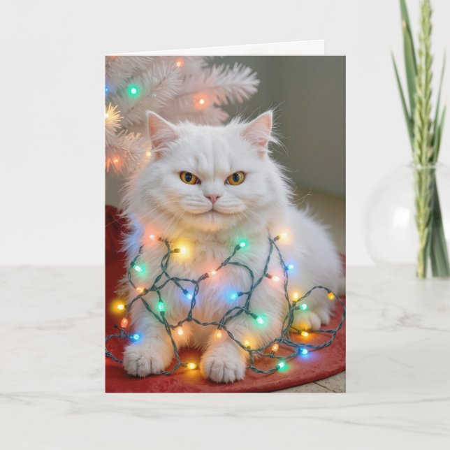 Christmas Persian Cat Tangled in Holiday Lights Card (Front)