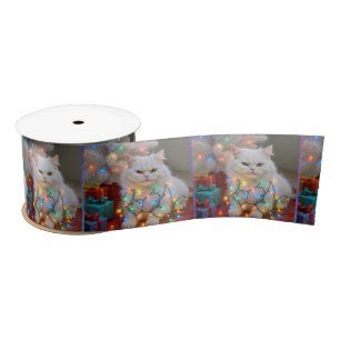 Christmas Persian Cat Tangled in Holiday Lights Satin Ribbon