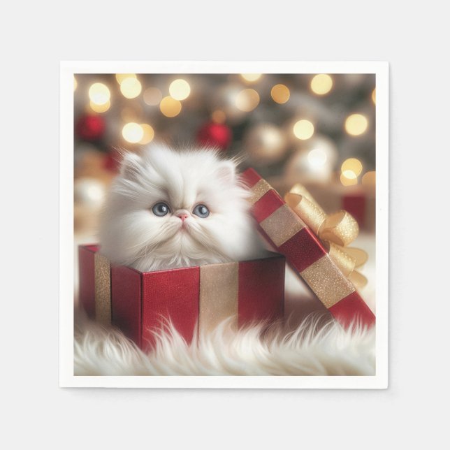 Christmas Persian Kitten In a Gift Box Napkin (Front)