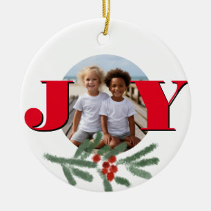 Christmas personalise JOY Holly photo template Ceramic Tree Decoration