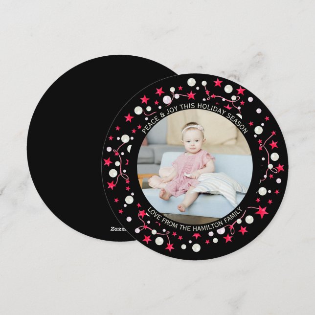 Christmas Personalised Black Red Wreath Photo Holiday Card (Front/Back)