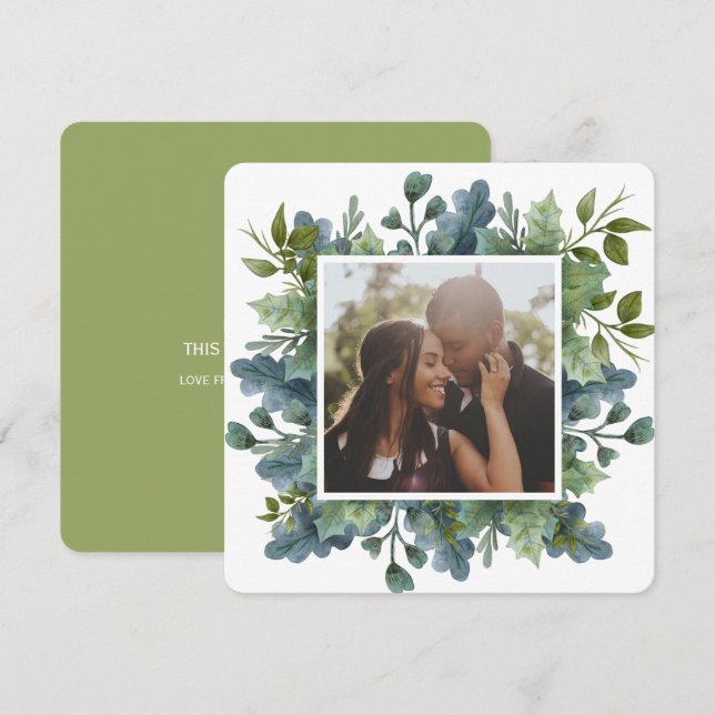 Christmas Personalised Blue Green Leaves Photo Holiday Card (Front/Back)