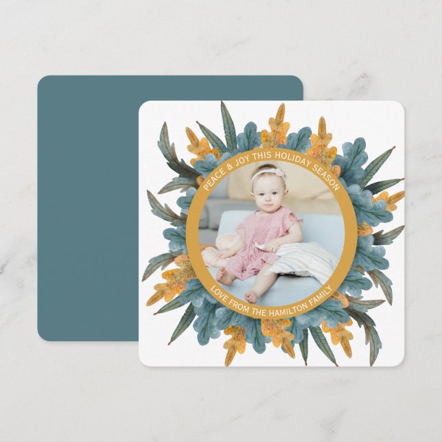 Christmas Personalised Blue Orange Leaves Photo Holiday Card (Front/Back)