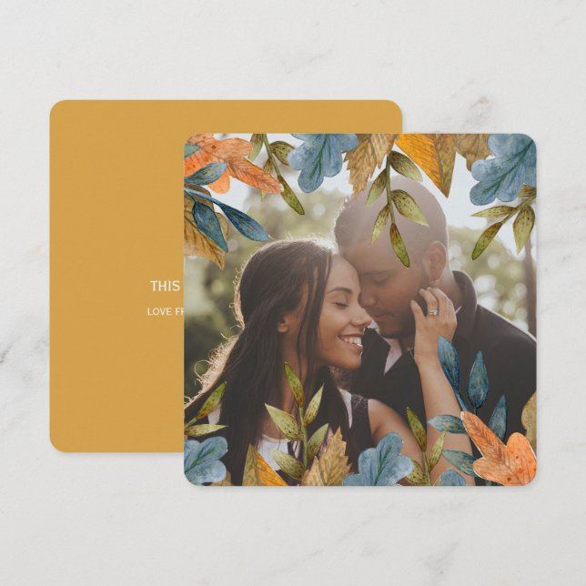 Christmas Personalised Blue Orange Leaves Photo Holiday Card (Front/Back)