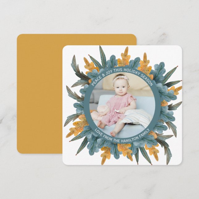 Christmas Personalised Blue Orange Leaves Photo Holiday Card (Front/Back)