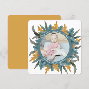 Christmas Personalised Blue Orange Leaves Photo Holiday Card