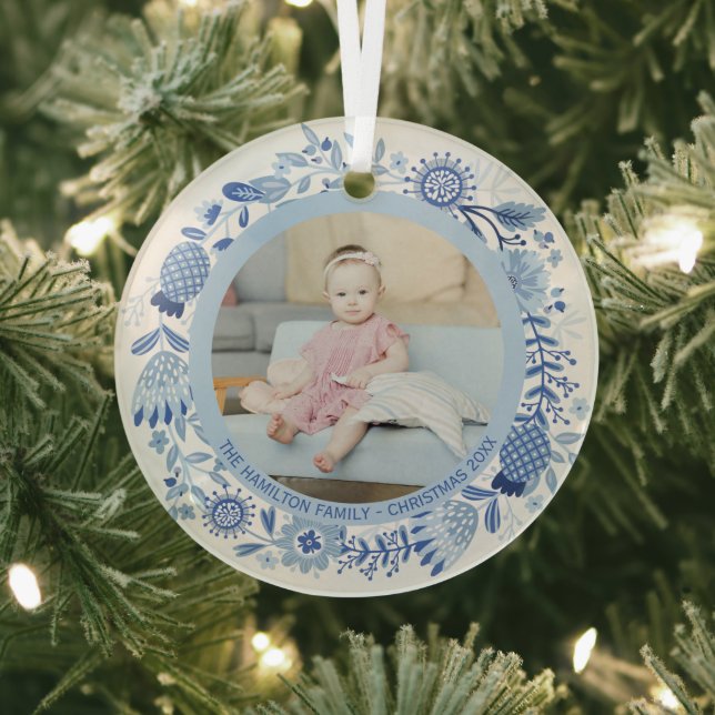 Christmas Personalised Blue White Wreath Photo Glass Tree Decoration (Insitu)
