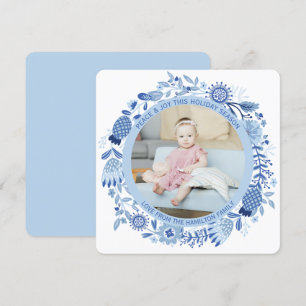 Christmas Personalised Blue White Wreath Photo Holiday Card