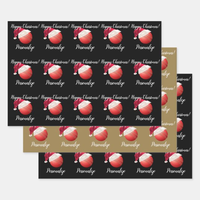 Christmas Personalised Cricket Ball Santa    Wrapping Paper Sheet (Set)