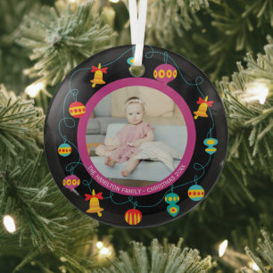 Christmas Personalised Fun Modern Wreath Photo Glass Tree Decoration