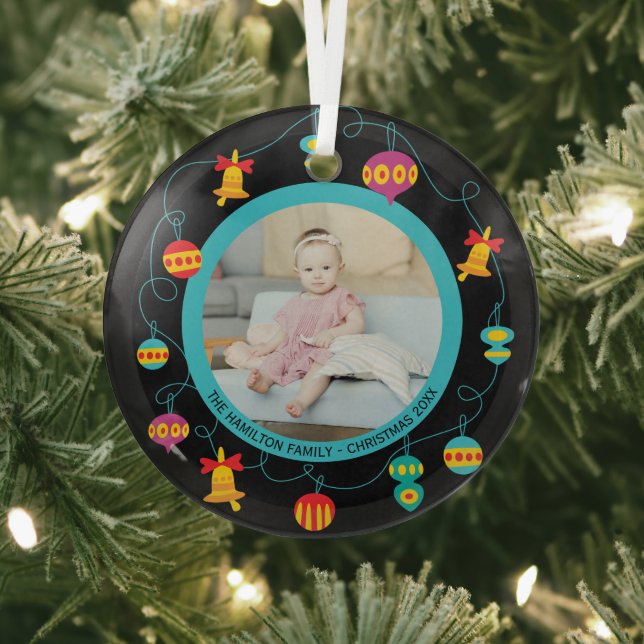 Christmas Personalised Fun Modern Wreath Photo Glass Tree Decoration (Insitu)