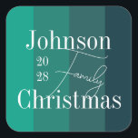 Christmas Personalised Green Family Christmas Square Sticker<br><div class="desc">This is a simple and stylish, Christmas design. It is in festive green stripes with a modern design and contemporary typography. It has the message "Johnson Family Christmas", with space for you to add your family name and year of celebration. Perfect for a festive family celebration, dinner or gathering /...</div>