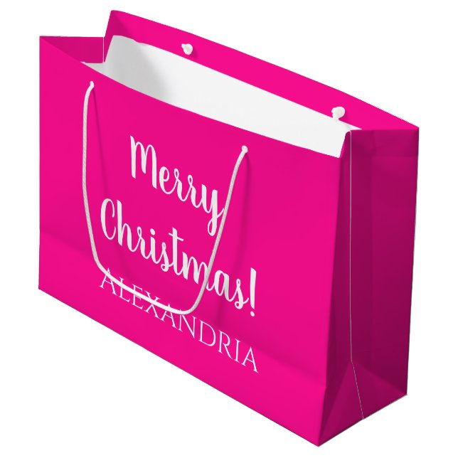 Christmas Personalised Merry Christmas Hot Pink Large Gift Bag (Front Angled)